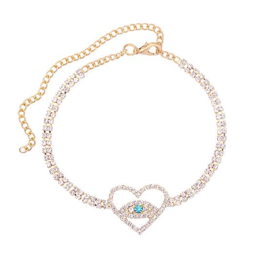 Bracelet de cheville en strass en forme de cœur avec mauvais œil pour femme