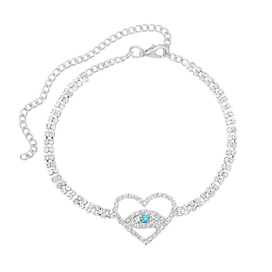 Bracelet de cheville en strass en forme de cœur avec mauvais œil pour femme