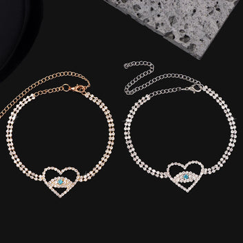 Bracelet de cheville en strass en forme de cœur avec mauvais œil pour femme