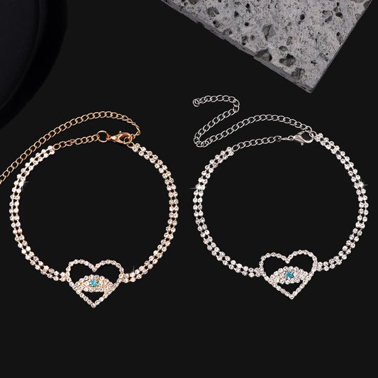 Bracelet de cheville en strass en forme de cœur avec mauvais œil pour femme