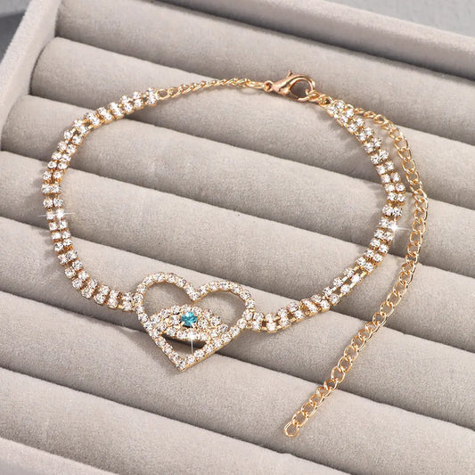 Bling Rhinestone Heart-shaped Evil Eyes Anklet For Women