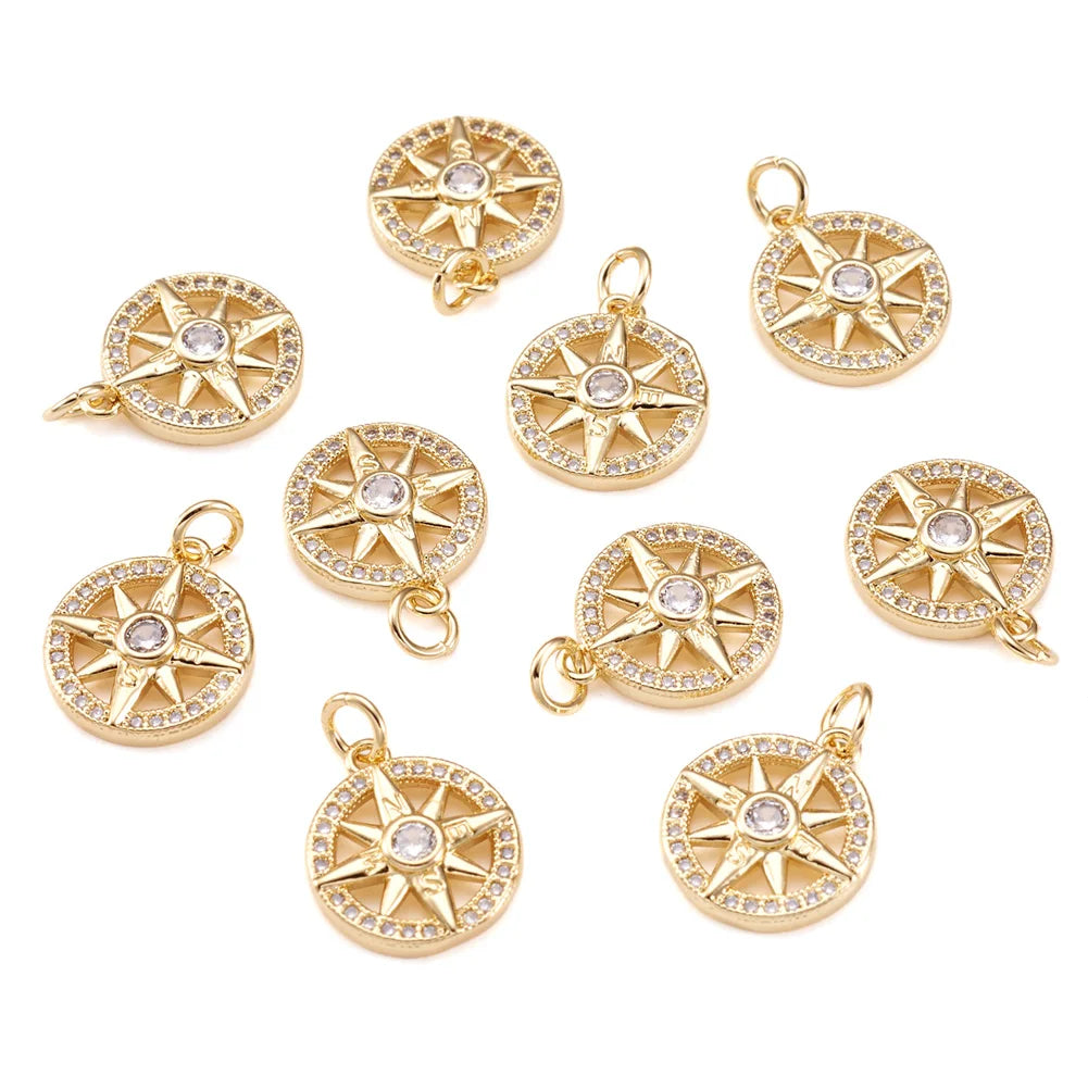 10 PCS Brass Pendants with Zirconia Star Pattern Clear Golden