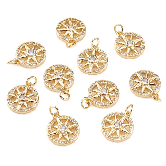 10 PCS Brass Pendants with Zirconia Star Pattern Clear Golden