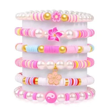 Lot de 6 bracelets en perles d'argile pour adolescentes et filles de style preppy