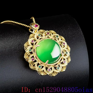 Green Real Jade Agate Flower Pendant Necklace