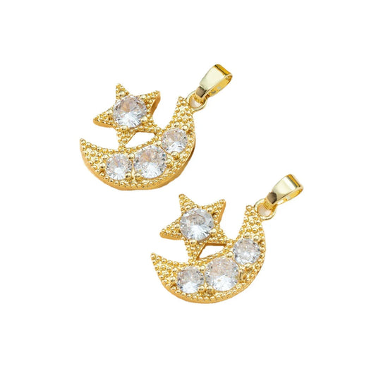 Gold Plated Pave CZ Crytal Star Moon Charms Necklace