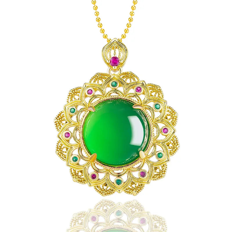 Collier avec pendentif en forme de fleur d'agate de jade véritable verte