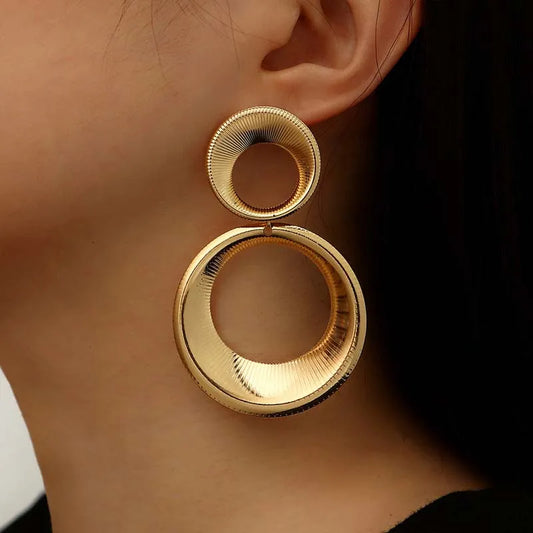 Vintage Metal Big Round Dangle Earrings for Women Exaggerated Gold Color Long Geometric Statement Earrings Jewelry