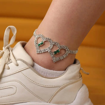 Stonefans Summer Beach Green Crystal Double Heart Anklet